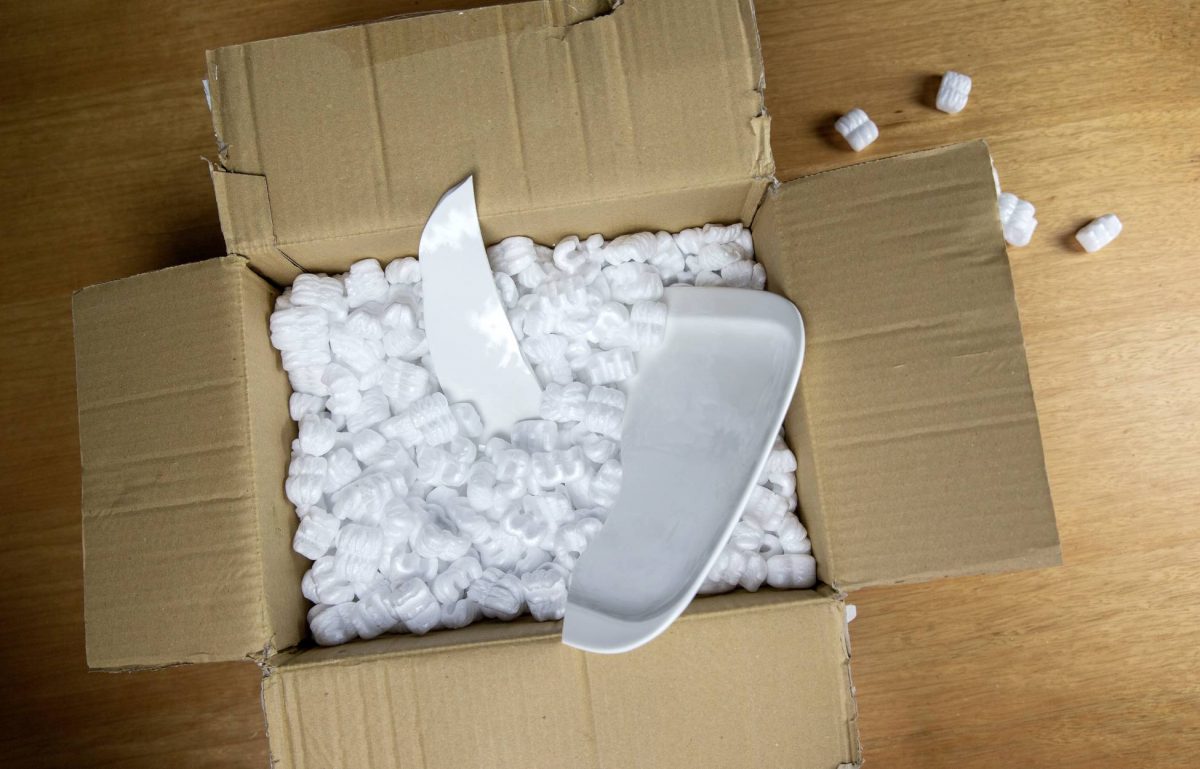 A brown cardboard box filled with Styrofoam packaging peanuts and two pieces of a broken plate inside.