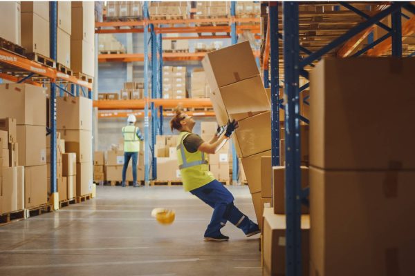 A warehouse worker totters backward, about to fall, as a stack of boxes tips forward toward them.