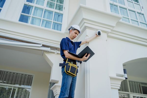 A male technician in a white hard hat sets up a CCTV camera on the exterior of a residential building.