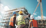 Three workers in safety vests are overlooking the construction of a large building. One is pointing to a large crane.