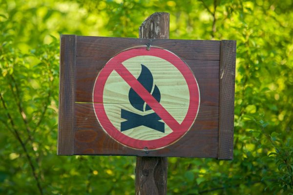 A rustic, brown sign depicting a campfire, circled in red with a red slash through it. Lush trees fill the background.