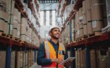 A warehouse worker wearing a hard hat and orange vest smiles as he taps on a tablet and walks down an inventory aisle.