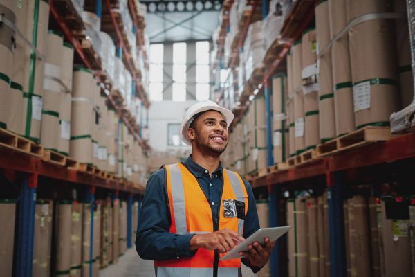 A warehouse worker wearing a hard hat and orange vest smiles as he taps on a tablet and walks down an inventory aisle.