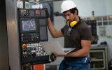 An engineer working on their laptop in a busy factory warehouse. He is standing next to a panel with many buttons.