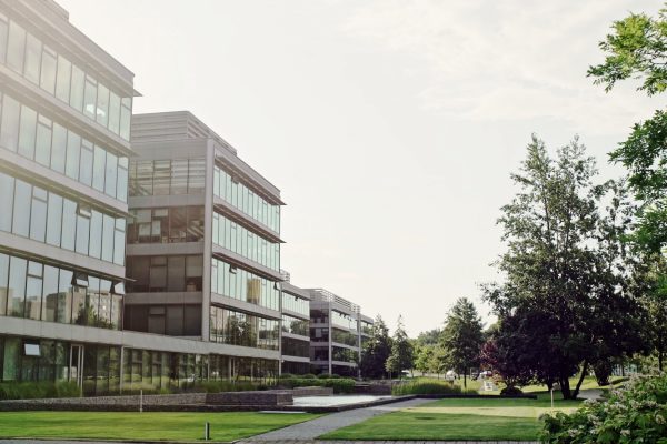 A large commercial building with an all-glass window exterior. The grass is freshly cut and the trees are in full bloom.