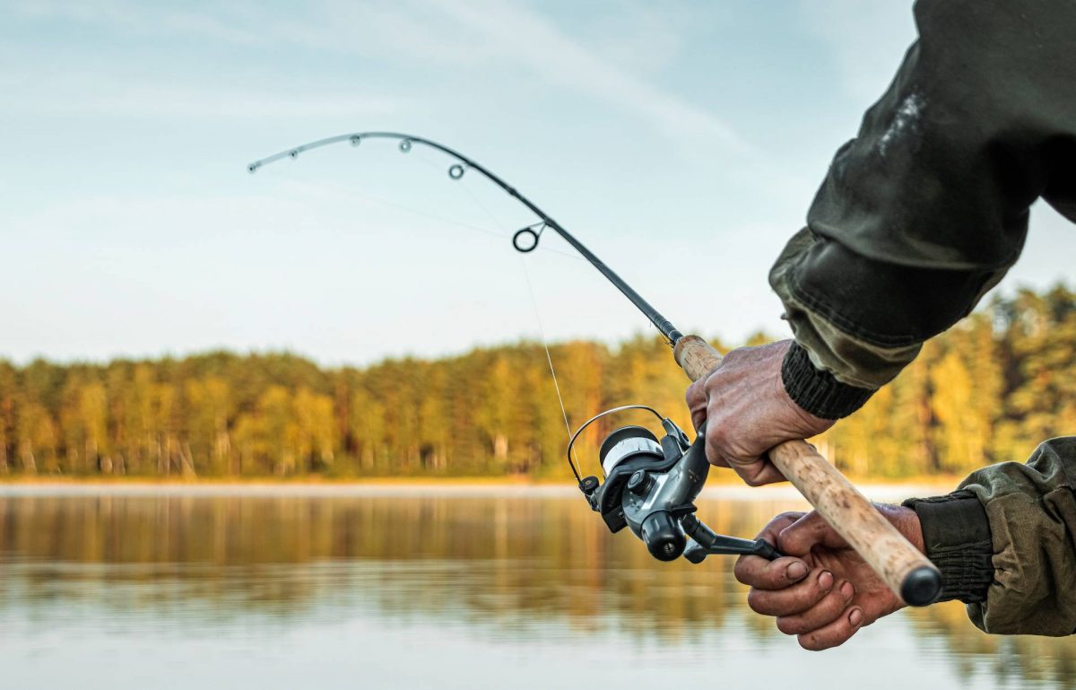 A close-up view shows a person with a dark-colored coat holding a wooden handle fishing pole. Trees are in the background.