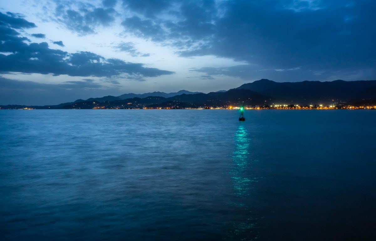 A body of water at night with city lights in the distance. In the middle of the water is a floating buoy with a green light.