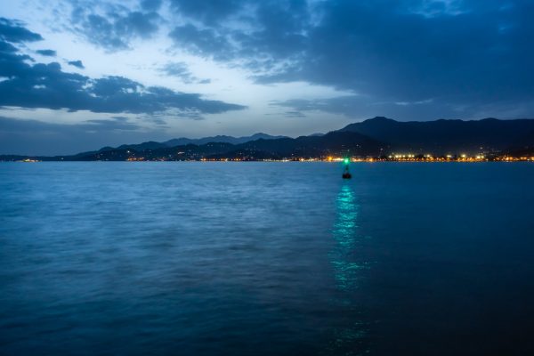 A body of water at night with city lights in the distance. In the middle of the water is a floating buoy with a green light.