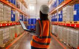 A woman wearing a white hard hat and an orange safety vest looks down a warehouse aisle holding a laptop.