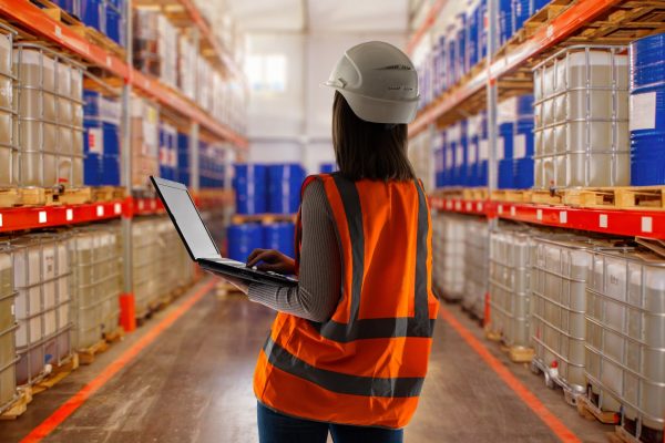 A woman wearing a white hard hat and an orange safety vest looks down a warehouse aisle holding a laptop.